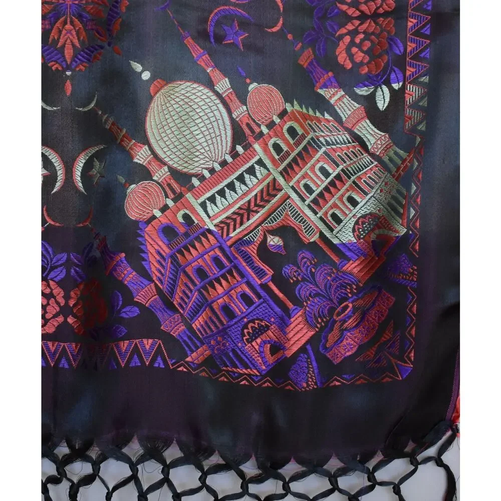 Vintage 40s Black and Purple Silk Taj Mahal Piano Shawl, WW2 Scarf, Fringed